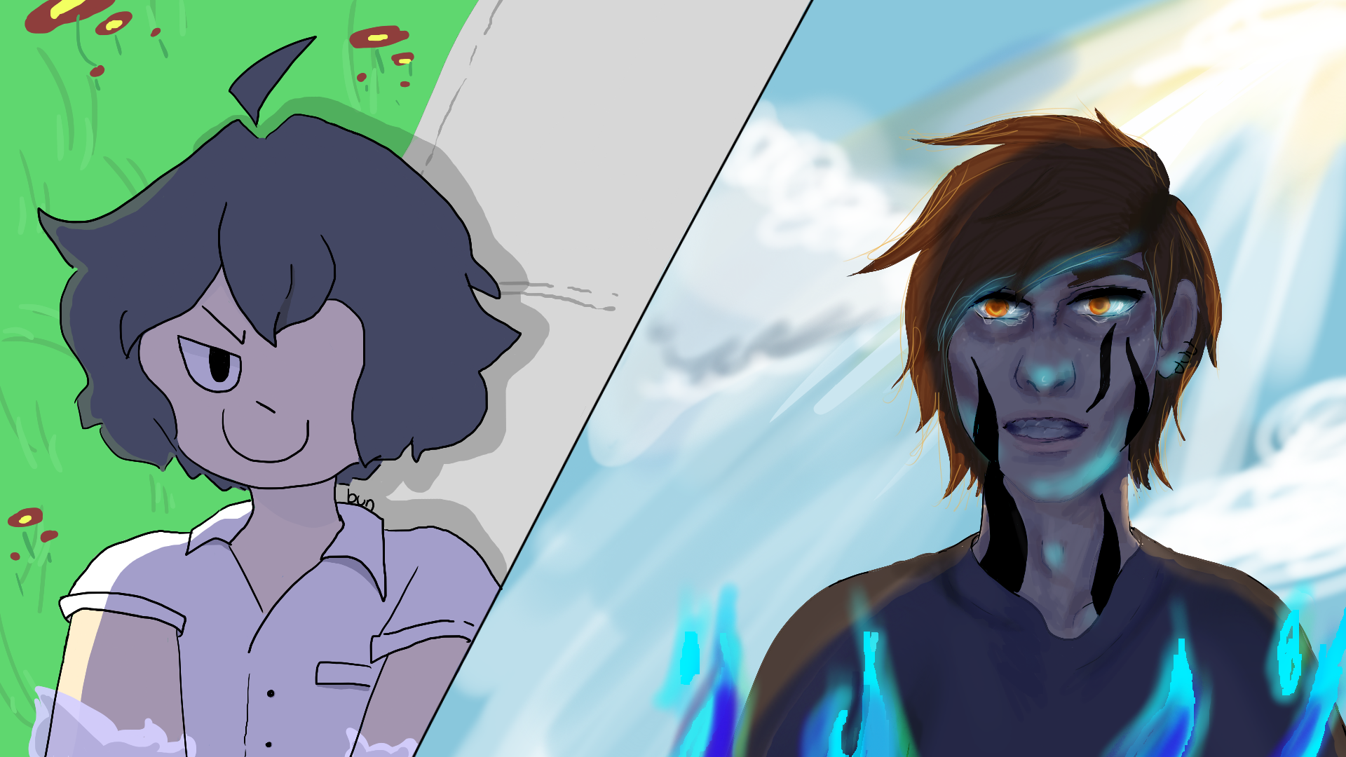 Digital art of two men with dark hair. One has light blue flames and an evil smile, the other has bright blue flames and a very badly drawn angry crying face..